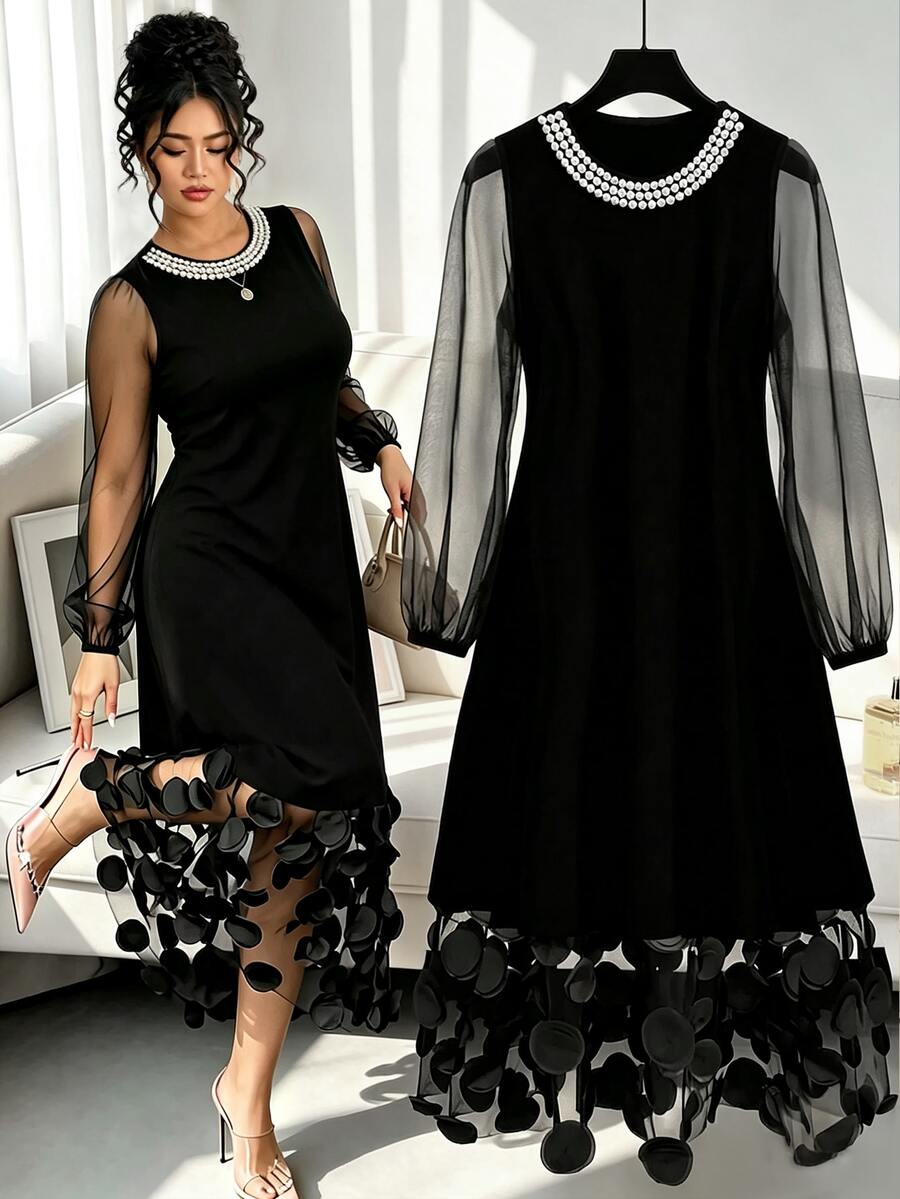 GlowEve CURVE Plus Size Women's Fashion Casual Loose Comfortable Everyday All-Match Versatile Black Pearl Round Neck Mesh Petal Sleeve Patchwork Midi Dress - Black - View 1