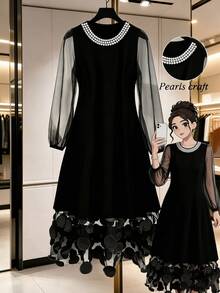 GlowEve CURVE Plus Size Women's Fashion Casual Loose Comfortable Everyday All-Match Versatile Black Pearl Round Neck Mesh Petal Sleeve Patchwork Midi Dress - Black - View 4