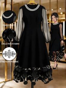 GlowEve CURVE Plus Size Women's Fashion Casual Loose Comfortable Everyday All-Match Versatile Black Pearl Round Neck Mesh Petal Sleeve Patchwork Midi Dress - Black - View 7