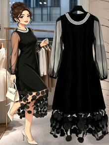 GlowEve CURVE Plus Size Women's Fashion Casual Loose Comfortable Everyday All-Match Versatile Black Pearl Round Neck Mesh Petal Sleeve Patchwork Midi Dress - Black - View 3