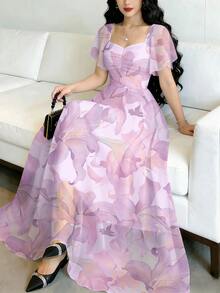 Modelyn 女款優雅紫色花卉雪紡長洋裝，方領飄逸袖百合印花夏季洋裝，收腰茶會度假花卉洋裝 - 彩色 - 查看 3