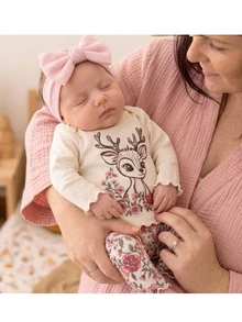 SHEIN Newborn Baby Girl Spring/Autumn Cute Cartoon Deer & Floral Print Long Sleeve Lettuce Trim T-Shirt And Long Pants Pajama Set - Apricot - View 1