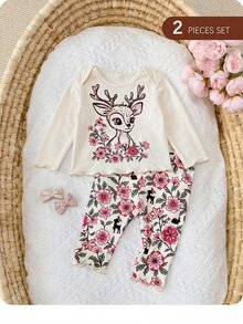 SHEIN Newborn Baby Girl Spring/Autumn Cute Cartoon Deer & Floral Print Long Sleeve Lettuce Trim T-Shirt And Long Pants Pajama Set - Apricot - View 3