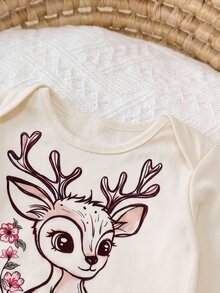 SHEIN Newborn Baby Girl Spring/Autumn Cute Cartoon Deer & Floral Print Long Sleeve Lettuce Trim T-Shirt And Long Pants Pajama Set - Apricot - View 5