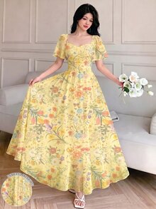 Modelyn 牽牛花百合花卉印花法式洋裝，時尚方領飄逸袖設計，收腰長版最大洋裝，淡黃色輕盈雪紡花卉洋裝，適合夏季度假與日常穿著 - 彩色 - 查看 1