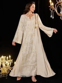 Al Najma Embroidered Mesh Tassel Trim Turkish & Arabic Style Maxi Dress For Women, Kaftan & Jalabiya,Modest - Khaki - View 4