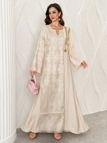 Al Najma Embroidered Mesh Tassel Trim Turkish & Arabic Style Maxi Dress For Women, Kaftan & Jalabiya,Modest - Khaki - View 1
