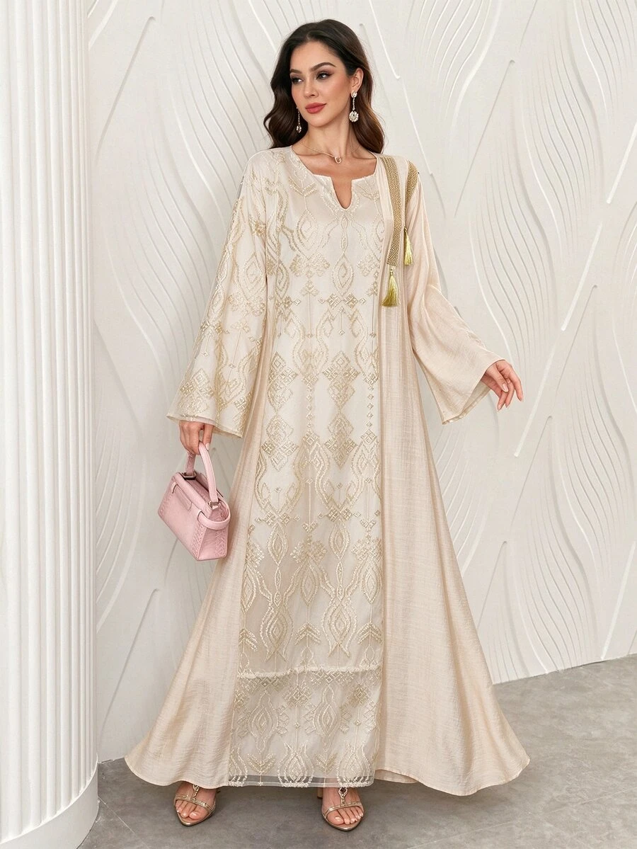 Al Najma Embroidered Mesh Tassel Trim Turkish & Arabic Style Maxi Dress For Women, Kaftan & Jalabiya,Modest - Khaki - View 1