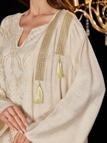 Al Najma Embroidered Mesh Tassel Trim Turkish & Arabic Style Maxi Dress For Women, Kaftan & Jalabiya,Modest - Khaki - View 2