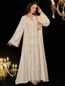 Al Najma Embroidered Mesh Tassel Trim Turkish & Arabic Style Maxi Dress For Women, Kaftan & Jalabiya,Modest - Khaki - View 8