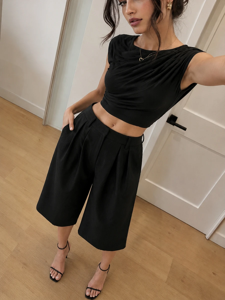 SHEIN Tall Fashionable Casual Smart Versatile Commute Work Office Business Solid Color Wide Leg Suit Pants Teachers' Day Black Fall - Black - View 1