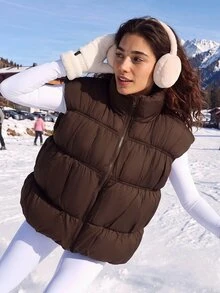 Exploreva Women's Zipper High Neck Outdoor Cotton Padded Vest Jacket - Chocolate Brown - View 3