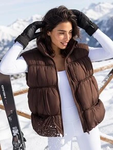 Exploreva Women's Zipper High Neck Outdoor Cotton Padded Vest Jacket - Chocolate Brown - View 1