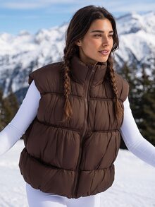 Exploreva Women's Zipper High Neck Outdoor Cotton Padded Vest Jacket - Chocolate Brown - View 2