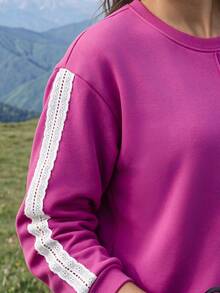 Exploreva Women's Round Neck Long Sleeve Burgundy Lace Trim Side Decor Sweatshirt Top And Pants Set - Burgundy - View 5