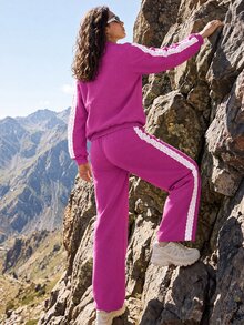 Exploreva Women's Round Neck Long Sleeve Burgundy Lace Trim Side Decor Sweatshirt Top And Pants Set - Burgundy - View 2