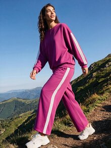 Exploreva Women's Round Neck Long Sleeve Burgundy Lace Trim Side Decor Sweatshirt Top And Pants Set - Burgundy - View 4