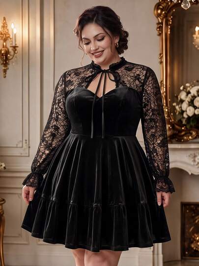 Rometta Plus Size Women's Elegant Hollow Out Sexy Lace Patchwork A-Line Waist-Cinching Slimming Velvet Dress Cocktail Party Halloween Black Autumn
