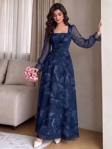 Modelyn Women's Elegant Navy Blue Floral Square Neck Lantern Sleeve Long Dress,Spring And Summer Waist Cinched Maxi Dress For Party And Vacation - Multicolor - View 1