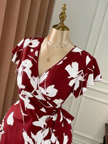 Rometta Plus Size Elegant White Summer Short Sleeve Dress,V-Neck Waist Cinching Bohemian Style Vacation Bachelorette Party Tea Party Graceful Printed Dress - Burgundy - View 6