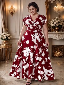 Rometta Plus Size Elegant White Summer Short Sleeve Dress,V-Neck Waist Cinching Bohemian Style Vacation Bachelorette Party Tea Party Graceful Printed Dress - Burgundy - View 2
