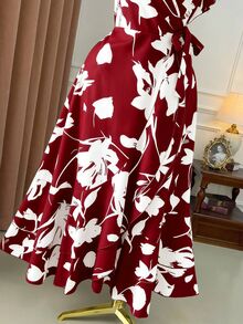 Rometta Plus Size Elegant White Summer Short Sleeve Dress,V-Neck Waist Cinching Bohemian Style Vacation Bachelorette Party Tea Party Graceful Printed Dress - Burgundy - View 8