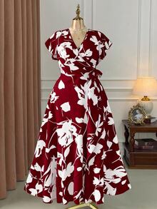 Rometta Plus Size Elegant White Summer Short Sleeve Dress,V-Neck Waist Cinching Bohemian Style Vacation Bachelorette Party Tea Party Graceful Printed Dress - Burgundy - View 5