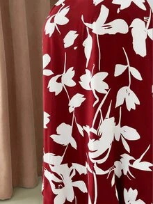 Rometta Plus Size Elegant White Summer Short Sleeve Dress,V-Neck Waist Cinching Bohemian Style Vacation Bachelorette Party Tea Party Graceful Printed Dress - Burgundy - View 9