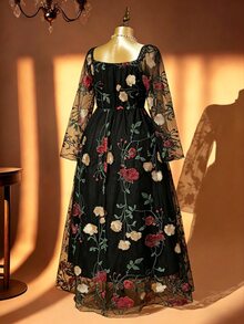 DreamSkyne 大尺碼女款黑色冬季優雅正式晚禮服，復古玫瑰刺繡網紗方領抓皺長袖長洋裝，正式晚宴適用 - 黑色 - 查看 5