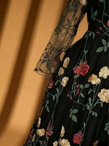 DreamSkyne 大尺碼女款黑色冬季優雅正式晚禮服，復古玫瑰刺繡網紗方領抓皺長袖長洋裝，正式晚宴適用 - 黑色 - 查看 9