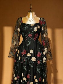 DreamSkyne 大尺碼女款黑色冬季優雅正式晚禮服，復古玫瑰刺繡網紗方領抓皺長袖長洋裝，正式晚宴適用 - 黑色 - 查看 7