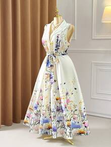 Rometta Plus Size Spring/Summer New Arrival French Retro Elegant Romantic All White Floral Print Lapel Cinched Waist Sleeveless Dress Party Formal - Multicolor - View 4