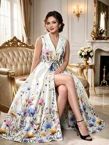 Rometta Plus Size Spring/Summer New Arrival French Retro Elegant Romantic All White Floral Print Lapel Cinched Waist Sleeveless Dress Party Formal - Multicolor - View 3