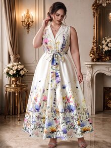Rometta Plus Size Spring/Summer New Arrival French Retro Elegant Romantic All White Floral Print Lapel Cinched Waist Sleeveless Dress Party Formal - Multicolor - View 1