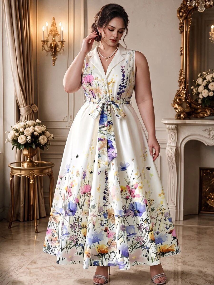Rometta Plus Size Spring/Summer New Arrival French Retro Elegant Romantic All White Floral Print Lapel Cinched Waist Sleeveless Dress Party Formal - Multicolor - View 1
