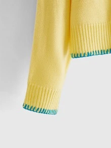 ROMWE Avant 秋冬百搭趣味魚朵刺繡撞色黃色女款針織套頭毛衣 - 黃色 - 查看 4
