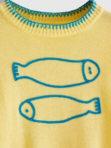 ROMWE Avant 秋冬百搭趣味魚朵刺繡撞色黃色女款針織套頭毛衣 - 黃色 - 查看 3