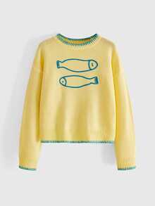 ROMWE Avant 秋冬百搭趣味魚朵刺繡撞色黃色女款針織套頭毛衣 - 黃色 - 查看 1