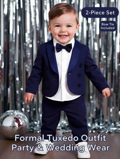 SHEIN 3pcs Baby Boy Gentleman Outfit Set: Lapel Collar Long Sleeve Double-Breasted Jacket, Pants And Bowknot Fall Winter