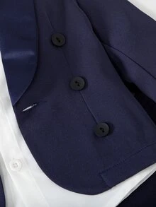 SHEIN 3pcs Baby Boy Gentleman Outfit Set: Lapel Collar Long Sleeve Double-Breasted Jacket, Pants And Bowknot Fall Winter - Royal Blue - View 7