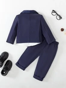 SHEIN 3pcs Baby Boy Gentleman Outfit Set: Lapel Collar Long Sleeve Double-Breasted Jacket, Pants And Bowknot Fall Winter - Royal Blue - View 2