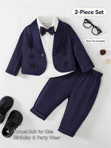 SHEIN 3pcs Baby Boy Gentleman Outfit Set: Lapel Collar Long Sleeve Double-Breasted Jacket, Pants And Bowknot Fall Winter - Royal Blue - View 3