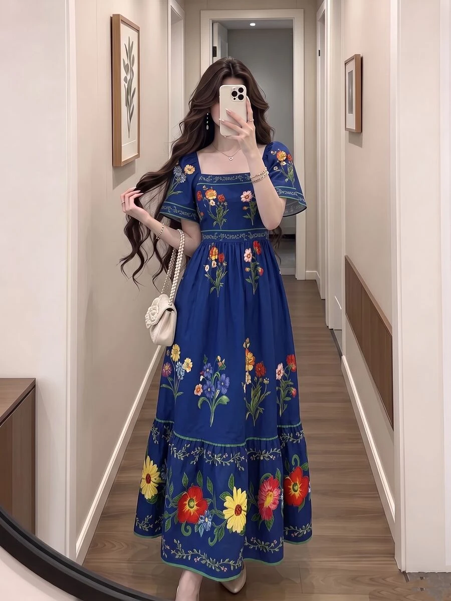 Modelyn 花卉植物印花時尚方領大荷葉袖設計短袖洋裝，夏季收腰中長洋裝，花卉圖案棕色長洋裝 - 彩色 - 查看 1