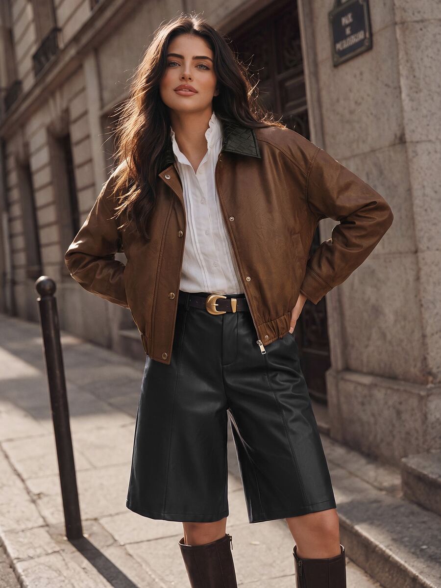Anewsta Women's Autumn/Winter Fall Fashion Vintage French Retro Casual Dark Brown Suede Knit Patchwork Leather Short Jacket Versatile Everyday Going Out