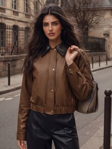 Anewsta Women's Autumn/Winter Fall Fashion Vintage French Retro Casual Dark Brown Suede Knit Patchwork Leather Short Jacket Versatile Everyday Going Out - Camel - View 7