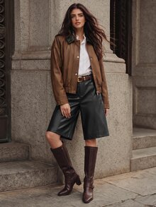 Anewsta Women's Autumn/Winter Fall Fashion Vintage French Retro Casual Dark Brown Suede Knit Patchwork Leather Short Jacket Versatile Everyday Going Out - Camel - View 4