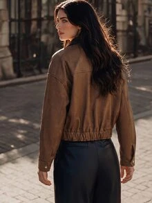 Anewsta Women's Autumn/Winter Fall Fashion Vintage French Retro Casual Dark Brown Suede Knit Patchwork Leather Short Jacket Versatile Everyday Going Out - Camel - View 3