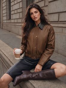 Anewsta Women's Autumn/Winter Fall Fashion Vintage French Retro Casual Dark Brown Suede Knit Patchwork Leather Short Jacket Versatile Everyday Going Out - Camel - View 5