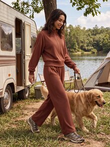 Exploreva Women's Brown Zipper Long Sleeve Sweatshirt And Sweatpants Casual Sports Set - Brown - View 1