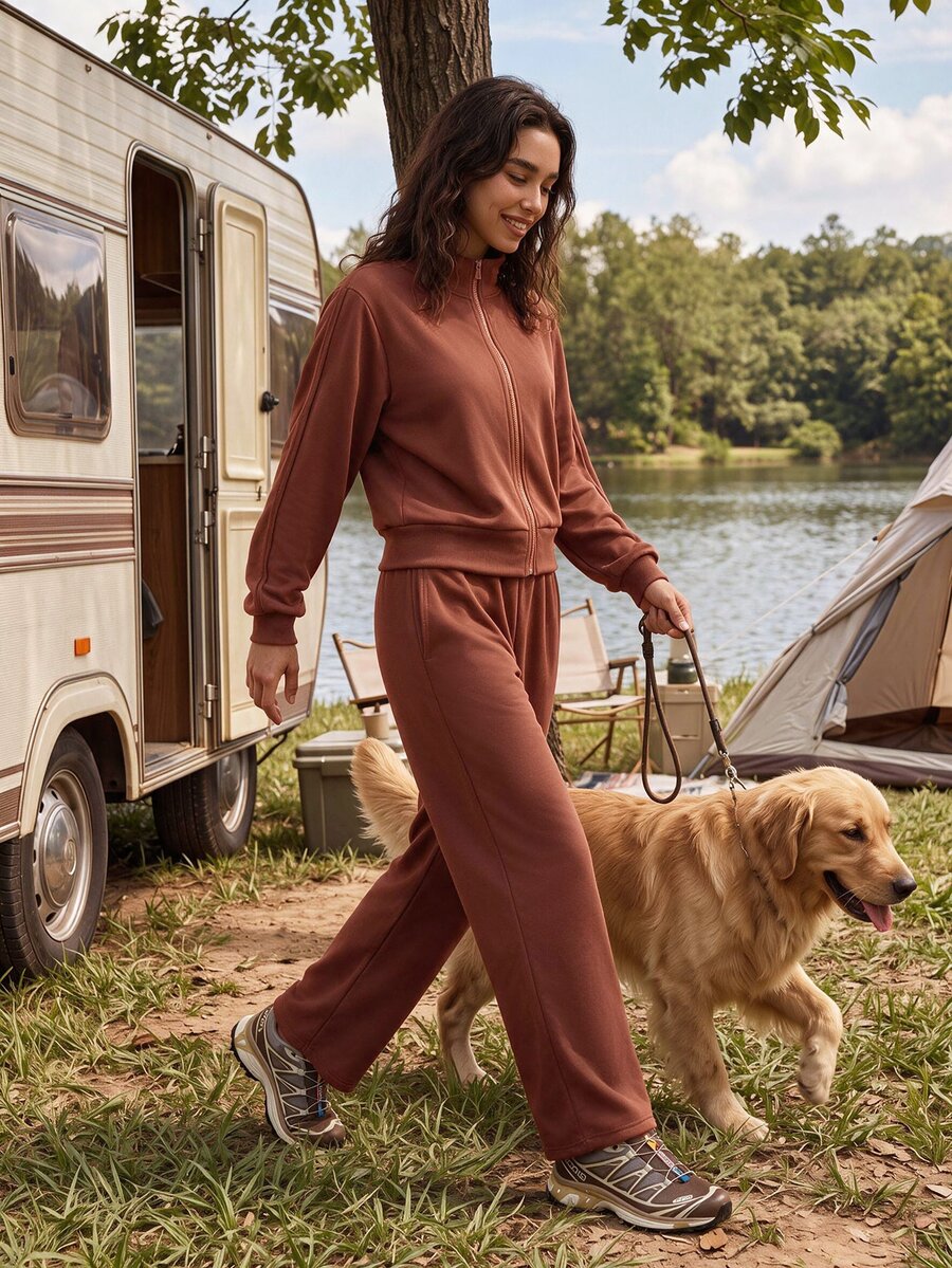 Exploreva Women's Brown Zipper Long Sleeve Sweatshirt And Sweatpants Casual Sports Set - Brown - View 1
